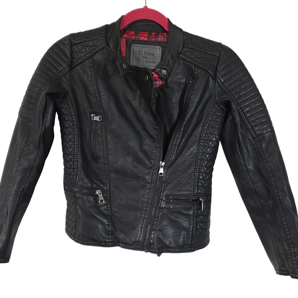 Ci Sono Girls Faux Leather Moto Jacket Black Quilted Motorcycle Size 10